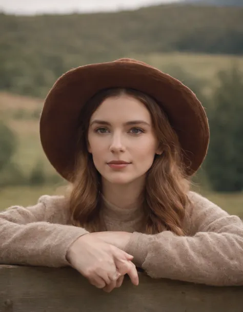 woman in a prairie hat and a scarf leaning on a fence, in the style of calm and meditative, whistlerian, eco-friendly craftsmanship, alex hirsch, strong emotional impact, i cant believe how beautiful this is, pastoral，close up shot