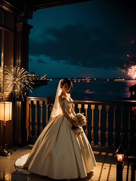 A pure girl wearing a close-fitting wedding dress at night on the hotel balcony to take photos, retro lighting, rotten, romantic, dark night, fireworks, illusion