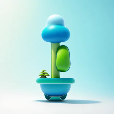 C4D swelling tree，Full tree，Green tree，C4D expansive bonsai plant in blue pot on white background, Blue basin, Green tree bonsai tree, Light yellow trunk，fungus and plants, mushroom trees,  bonsai，Bonsai tree, mushroom, an alien mushroom with tentacles,Geo...