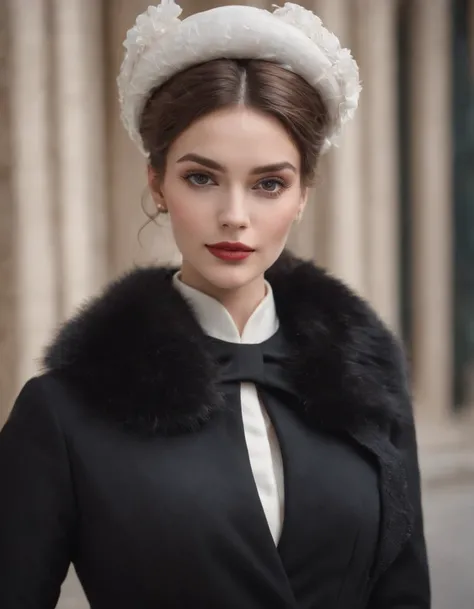 a model wears a black coat and a white hat,beautiful face, in the style of 32k uhd, rococo elegance, vintage-inspired designs, bold curves, ferrania p30, limited color range, magazine cover，medium full shot