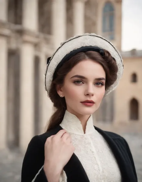 a model wears a black coat and a white hat,beautiful face, in the style of 32k uhd, rococo elegance, vintage-inspired designs, bold curves, ferrania p30, limited color range, magazine cover，medium full shot