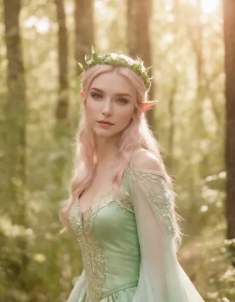 An elf princess in the forest, pointy ears, in the style of light pink and light green, anime aesthetic, detailed costumes, i cant believe how beautiful this is, photo-realistic techniques, birds & flowers, light gold and green，medium full shot