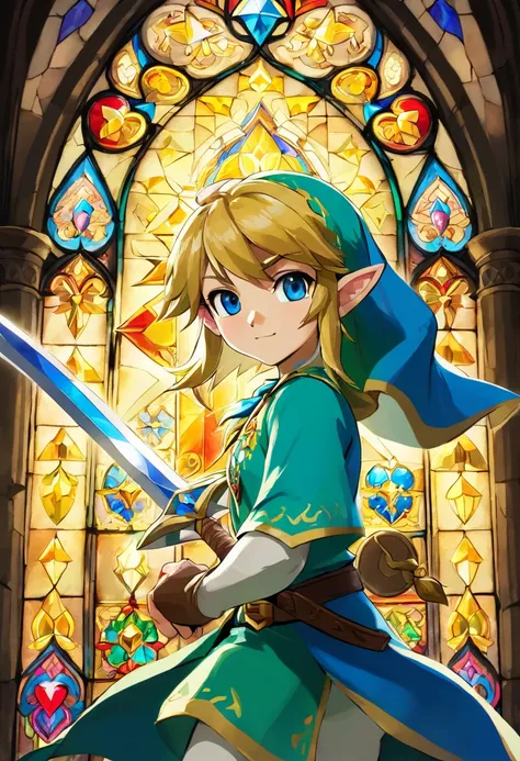 Hero of light, portrait shot, holding a shimmering sword into air, stained glass portrait, extremely detailed, absurdes