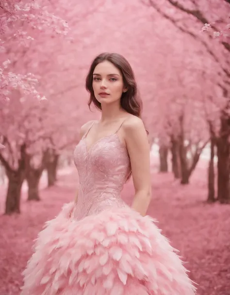 Beautiful girl in pink dress, pink background, style made of feathers, futuristic victorian era, collage style layered, focus stacking, layered form, textured fabric, oversized object, in the forest, time magazine photography, (upper body)