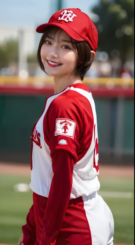 girl with、a smile、Shorthair、Red baseball suit、Random Logo、Red cap、Pitching form、baseball field、