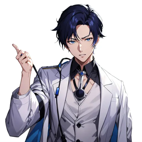 Anime character with white coat and blue tie pointing to something, shigenori soejima illustration, handsome guy in demon killer art, Official artwork, (doctor), official character art, Handsome anime pose, male anime character, live2d virtual youtuber mod...