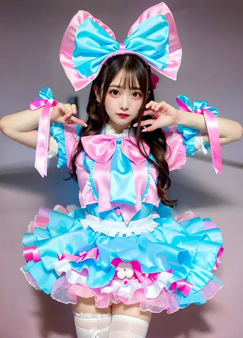 Alafe in pink and blue satin costume with bow, kawaii decora rainbowcore, high quality costume, frilly outfit, Belle Delphine, very very kawaii, candy girl, candy pastel, angelic pretty, Lolita style, maid dress, style of magical girl, decora inspired, jap...