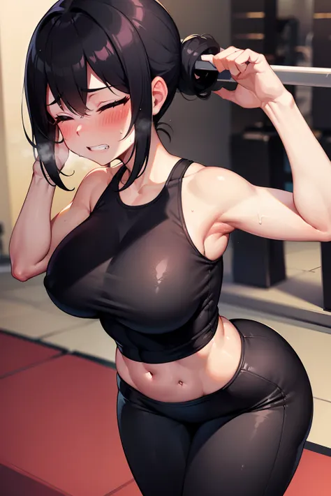 Gym, Exercise, workout, Hot, sweating, sweaty, suntan, tetas grandes, suntanned skin, elevation, flustered, blusher, Black clothes, Look through, For pain, clenching teeth, clenching teeth, weightlifting, Eyes closed, covered eyes,  yoga pants, Yoga pants