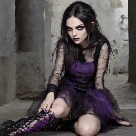 a Preteen fairy goth Mila Kunis sitting on the floor in an alley, pale skin, long blonde hair, looking messy, dripping makup with a bottle of wine in hand, wearing purple punk boots, Girl with gothic net symbolic clothes, 。.com (Barbed wire of the body) br...