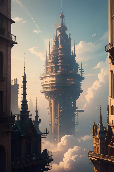 super detail, high details, high quality, 8k, Miyazaki style, a steampunk-style city floating in the sky, clouds and diverse architecture, exuding mystery and technology --v 6