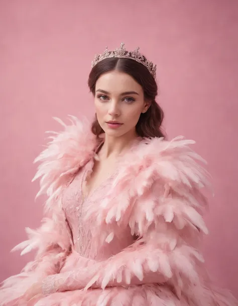 Beautiful girl wearing pink dress, pink background, style made of feathers, futuristic victorian era, collage style layered, focus stacking, layered form, textured fabric, oversized object, in rose from inside, era Magazine photography, (upper body)