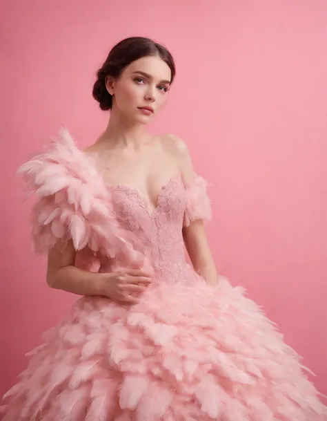 Beautiful girl wearing pink dress, pink background, style made of feathers, futuristic victorian era, collage style layered, focus stacking, layered form, textured fabric, oversized object, in rose from inside, era Magazine photography, (upper body)