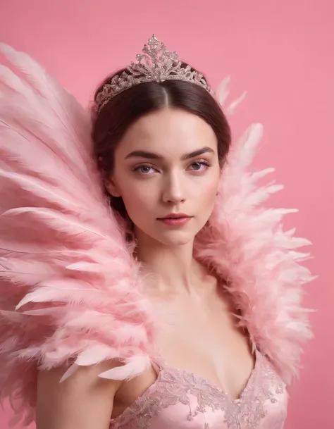 Beautiful girl wearing pink dress, pink background, style made of feathers, futuristic victorian era, collage style layered, focus stacking, layered form, textured fabric, oversized object, in rose from inside, era Magazine photography, (upper body)