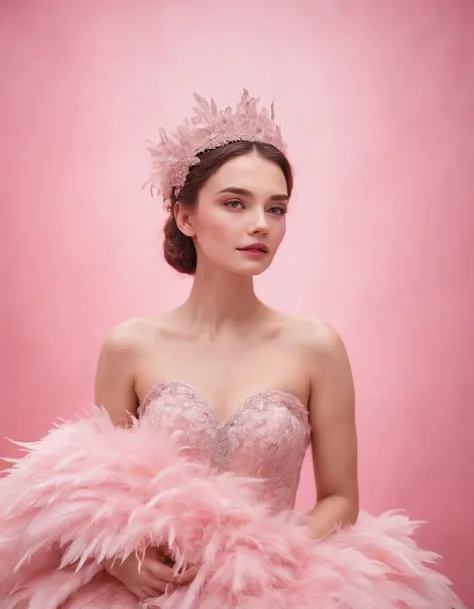 Beautiful girl wearing pink dress, pink background, style made of feathers, futuristic victorian era, collage style layering, focus stacking, layered form, textured fabric, oversized object, in heaven, time magazine photography , (upper body)