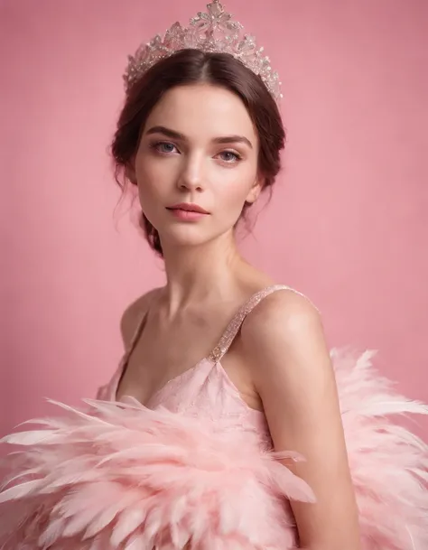 Beautiful girl wearing pink dress, pink background, style made of feathers, futuristic victorian era, collage style layering, focus stacking, layered form, textured fabric, oversized object, in heaven, time magazine photography , (upper body)