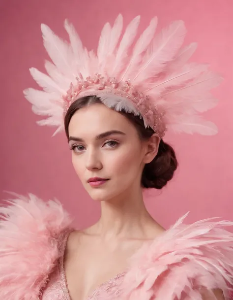 Beautiful girl wearing pink dress, pink background, style made of feathers, futuristic victorian era, collage style layering, focus stacking, layered form, textured fabric, oversized object, in heaven, time magazine photography , (upper body)