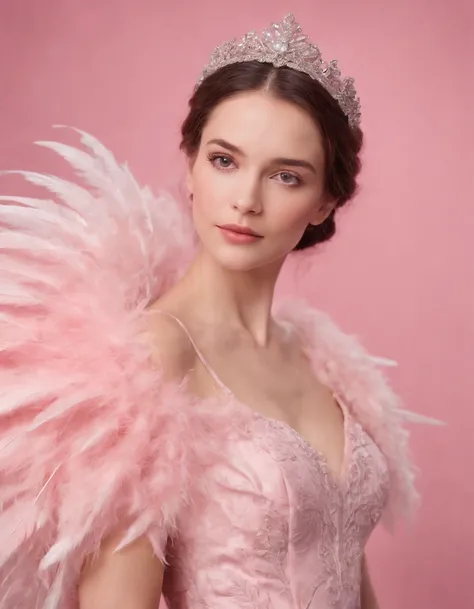 Beautiful girl wearing pink dress, pink background, style made of feathers, futuristic victorian era, collage style layering, focus stacking, layered form, textured fabric, oversized object, in heaven, time magazine photography , (upper body)