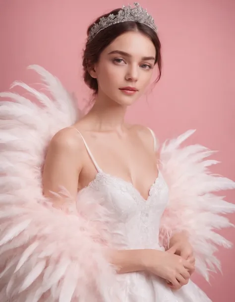 Beautiful girl wearing white colored dress on pink background, style made of feathers, futuristic victorian era, collage style layering, focus stacking, layered form, textured fabric, oversized object, in heaven, time magazine photography , (upper body)