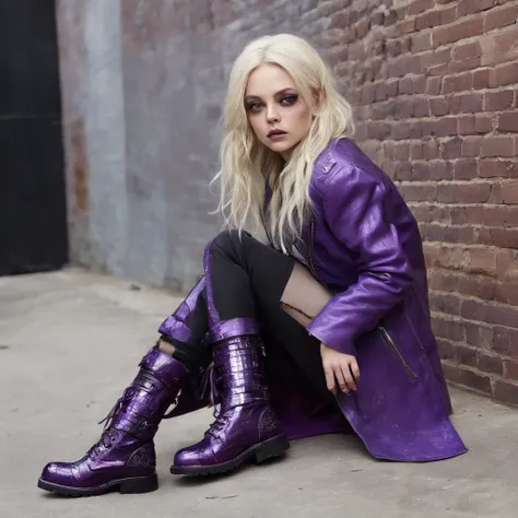 a Preteen punk robot Mila Kunis sitting on the floor in an alley, pale skin, long blonde hair, looking messy, dripping makup with a bottle of wine in hand, wearing purple punk boots,