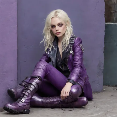 a Preteen punk robot Mila Kunis sitting on the floor in an alley, pale skin, long blonde hair, looking messy, dripping makup with a bottle of wine in hand, wearing purple punk boots,