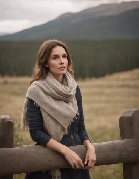 woman in a prairie hat and a scarf leaning on a fence, in the style of calm and meditative, whistlerian, eco-friendly craftsmanship, alex hirsch, strong emotional impact, i cant believe how beautiful this is, pastoral， zeiss planar t* 80mm f/2.8, kodak por...