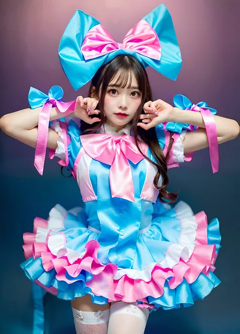 Alafe in pink and blue satin costume with bow, kawaii decora rainbowcore, high quality costume, frilly outfit, Belle Delphine, very very kawaii, candy girl, candy pastel, angelic pretty, Lolita style, maid dress, style of magical girl, decora inspired, jap...