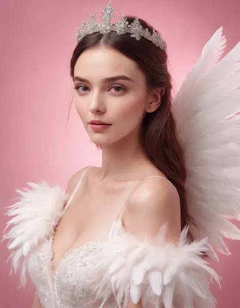 Beautiful girl wearing white colored dress on pink background, style made of feathers, futuristic victorian era, collage style layering, focus stacking, layered form, textured fabric, oversized objects, feather wings, cartoon stars lights , Time Magazine P...