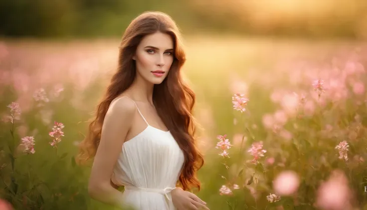 (best quality,masterpiece:1.2),ultra high resolution:1.37,photorealistic:1.4,raw photo,long brown hair,silky smooth hair,natural waves,beautiful detailed eyes,beautiful detailed lips,soft and glowing skin,slight smile,white dress,bare shoulders,field of pi...