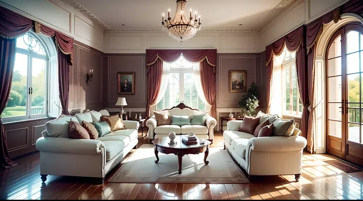 Living room layout：This French living room is spacious and sophisticated，Full of romantic and classical atmosphere。There is a fine marble round table in the center of the room，On it were placed vases and some delicate porcelain。It is surrounded by Victoria...