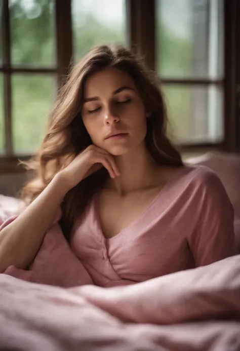 Sleeping girl, 22 years old, realistic, she is wearing long pants, she is wearing pink pajama, brown hair.