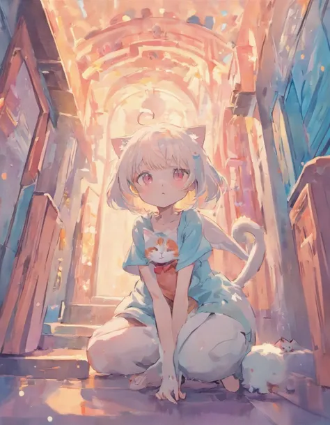 Cats（（Stay with the cat１.５））、full body Esbian、girl with、
(PastelColors:1.5)、(Cute illustration:1.5)、(watercolor paiting:1.2)、white  hair