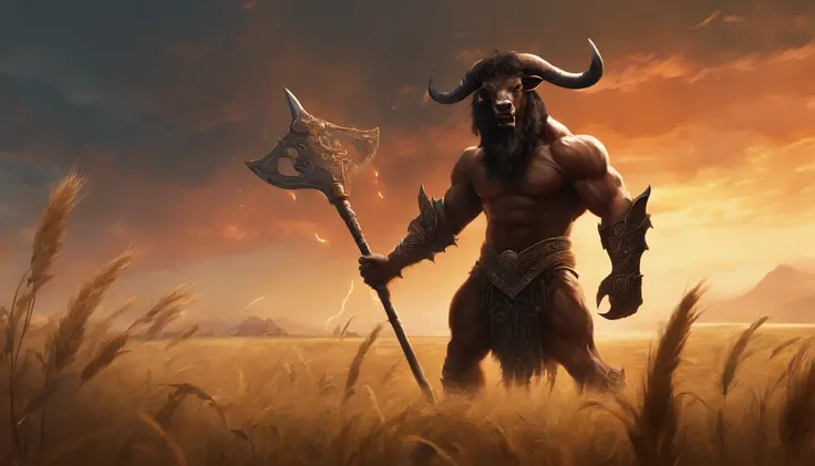 (Several)(Black minotaur:1.5)，（They are monsters of minotaurs with tomahawks：1.8），sense of strength，Cow with an axe standing in a wheat field，Painful expression，(The minotaur raised its head and roared into the sky:2)，funk，shudder，Medieval landscape，Fantas...