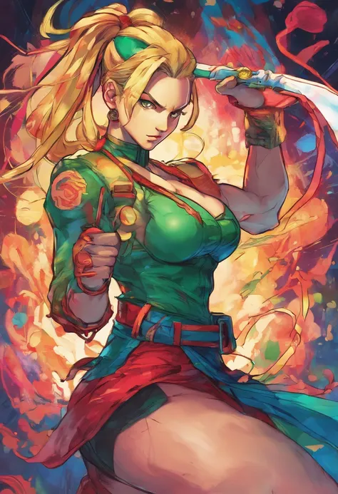 Cammy, portrait shot, holding a shimmering sword into air, stained glass portrait, extremely detailed, absurdes