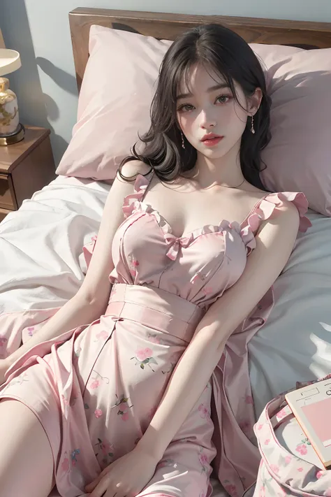 nikon raw photo, 8 k, fujifilm xt3, masterpiece, pink quality, realistic, photorealistic, (lying in bed), (sheets), (lying on pi...