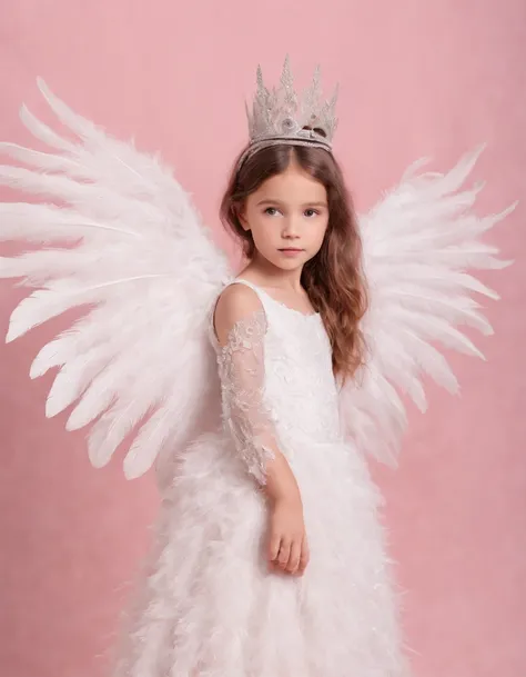 Child wearing white dress on pink background, style made of feathers, futuristic victorian era, collage style layering, focus stacking, layered form, textured fabric, oversized object, feather wings, princess crown, hair accessory, cartoon star lamp, upper...