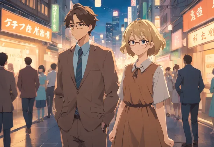 25-year-old man and woman staring in amazement, standing still, Just the two of them. Woman in brown shabby dress with blonde hair glasses, Dark-haired man without glasses in suit, In the middle of the city.