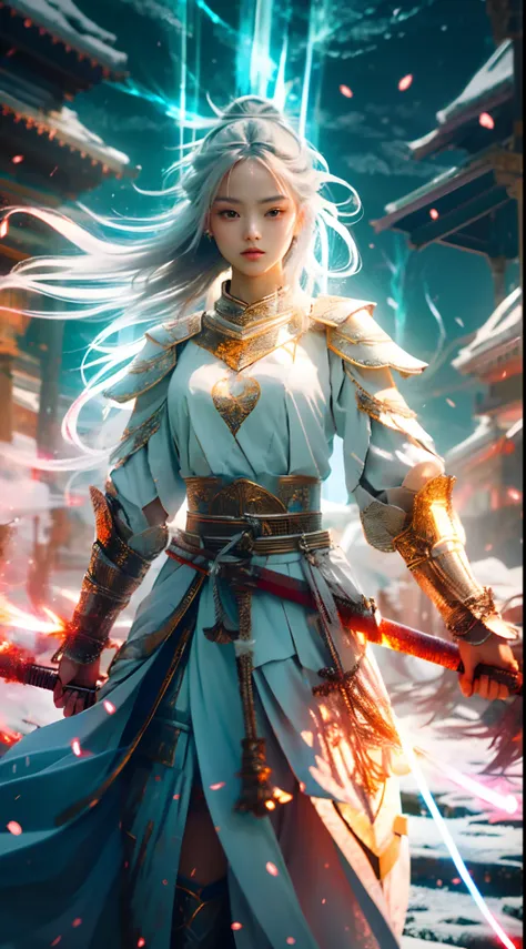 on the battlefield of winter, an oriental beauty，wearing tattered armor，wielding a weapon in his hand.(( lightning danced beside...