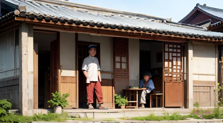 A rural Chinese man in his forties passed by someones doorstep。Say hello to the people in the house，With a hoe on his shoulder