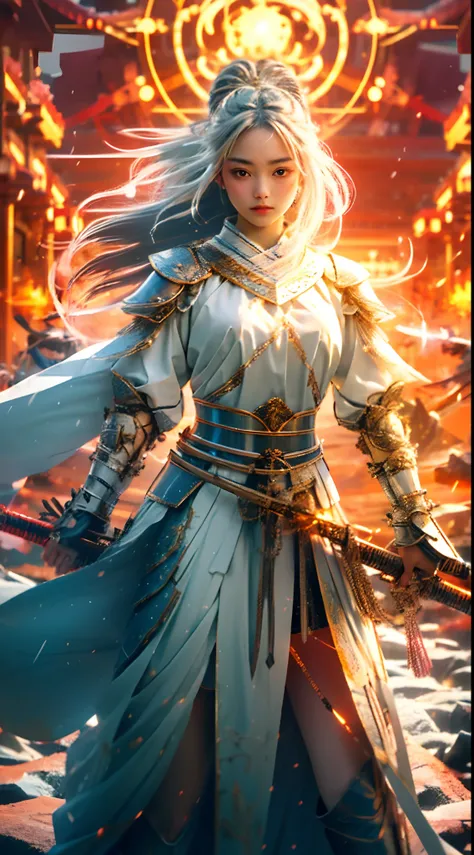 On the battlefield of winter, An oriental beauty，Wearing tattered armor，wielding a weapon in his hand.(( Lightning danced beside her)), Echoing the strength of her determination，Because she embodies the power of the forces of nature in battle.offcial art, ...