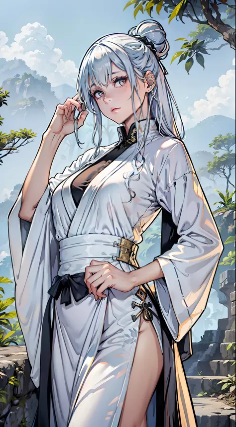 In the middle of the jungle mountains, A beautiful and beautiful woman. She has bright silvery-white hair,Hold your hair in a bun, Cold eyes,Lack of pigment in the skin., She wore a Taoist robe,Long sword in hand