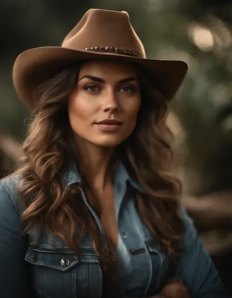 Cinematic portrait, ((Upper body)), Facing the audience, (reality :1.3), most beautiful artwork photo in the world, A woman looks at the camera, Vintage denim outfits, Western cowboy, Detailed beautiful face, action  shot, (Intricate :1.4), Western backgro...