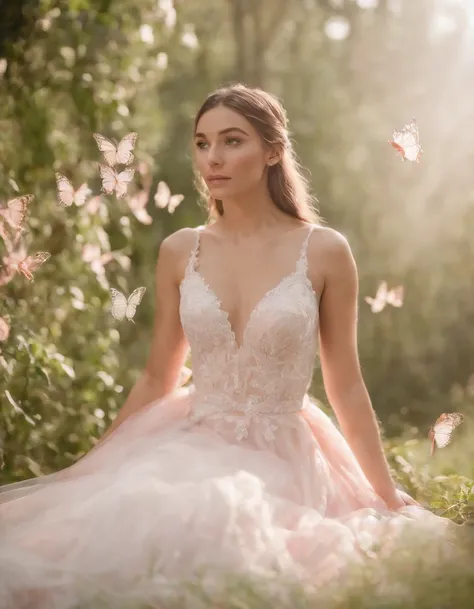 a woman is sitting with a man in her wedding dress, in the style of light red and pink, nature-inspired motifs, close up, gossamer fabrics, Iberê Camargo, pretty, made of butterflies ,medium shot