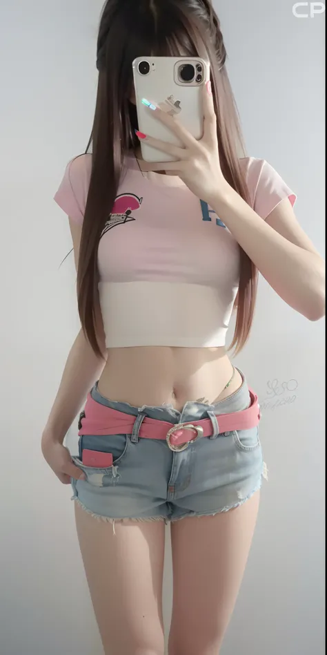 a close up of a person taking a picture of a person with a cell phone, belly button showing, Her navel was exposed, kawaii shirt and jeans, wearing a crop top, Anime girl in real life, wearing sexy cropped top, photo of slim girl, photo of slim girl model,...