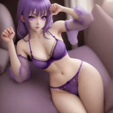 Sexy anime girl, purple lingerie, purple hair and eyes, lewd pose