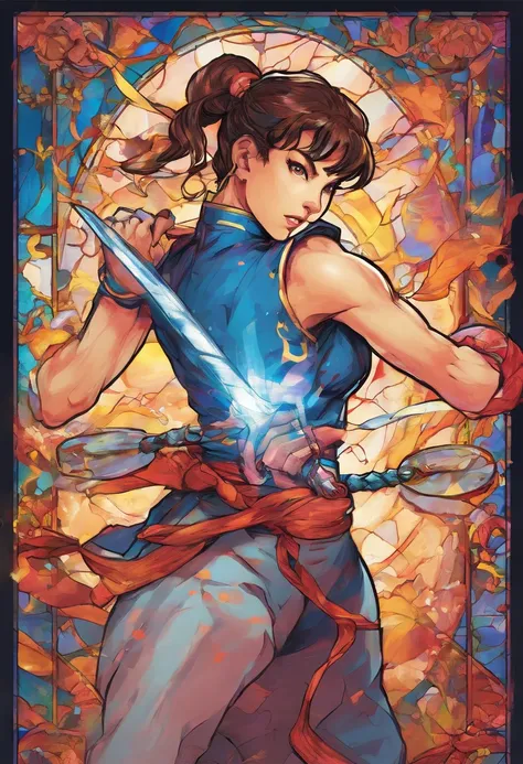 Chun li, portrait shot, holding a shimmering sword into air, stained glass portrait, extremely detailed, absurdes