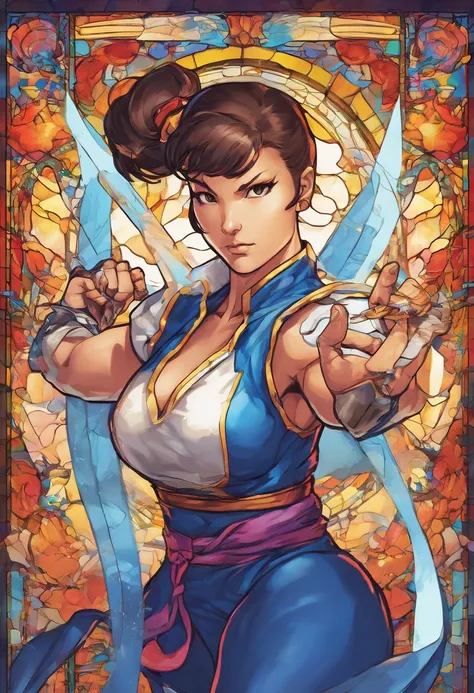 Chun li, portrait shot, holding a shimmering sword into air, stained glass portrait, extremely detailed, absurdes