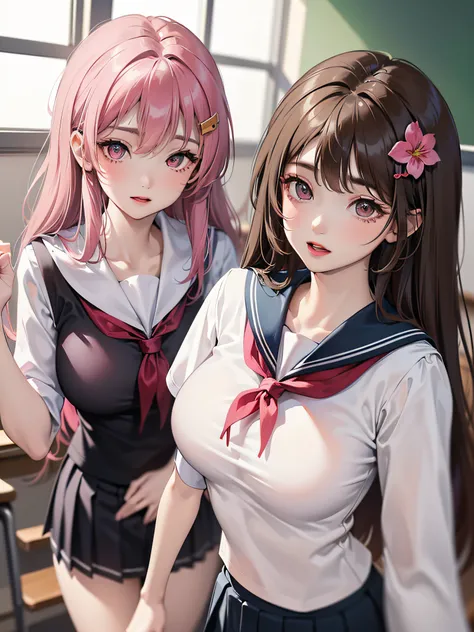 ((2girls)), ((Best Quality)), (Ultra-detailed), (extremely detailed CG unified 8k wallpaper), Highly detailed, High-definition raw color photos, Professional Photography, ((Beautiful big breasts)), ((bare breasts)), (Pink floral hair ornament), Peanut butt...