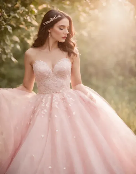 A woman wearing a wedding dress in a light red and pink style with a nature-inspired pattern, close-up, tulle fabric, Iberê Camargo, beautiful, made of butterflies, medium shot