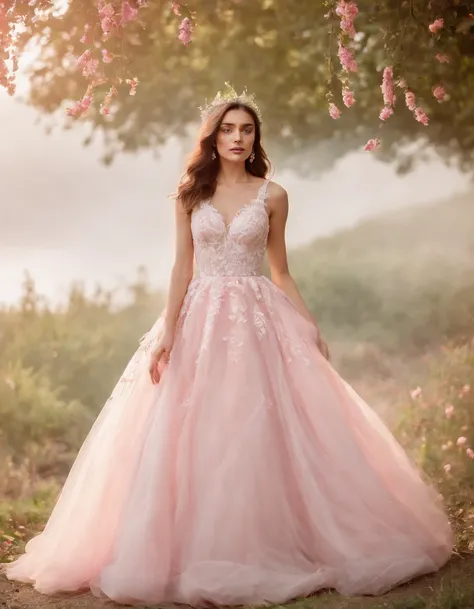 A woman wearing a wedding dress in a light red and pink style with a nature-inspired pattern, close-up, tulle fabric, Iberê Camargo, beautiful, made of butterflies, medium shot