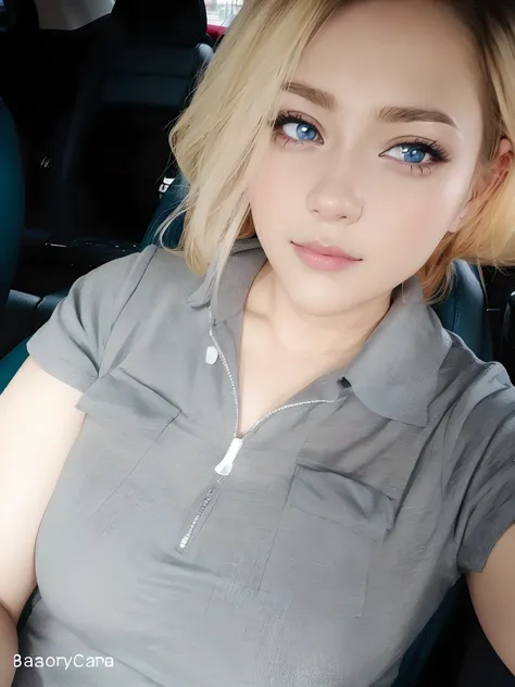 Woman with blonde hair,Blue eyes and gray shirt in the car, sie boob, Serena Marion, lorena avarez, Hana Alyssa Omar, at instagram, Anime girl in real life, sakimichan, wearing shirt, Wearing a polo shirt, 1 8 I, Gray shirt, personal profile picture, saki...